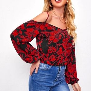 Cold shoulder red black floral blouse top size Medium shein